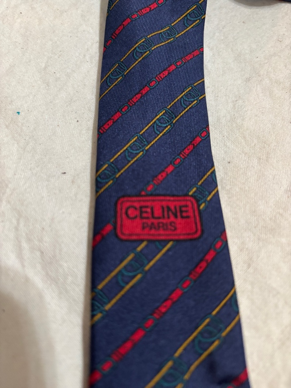 Celine Navy Silk Tie with Red and Gold Diagonal Stripes - Picture 3 of 6